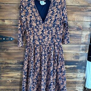 Mata Traders Navy and Peach Floral 3/4 Sleeve Dress
